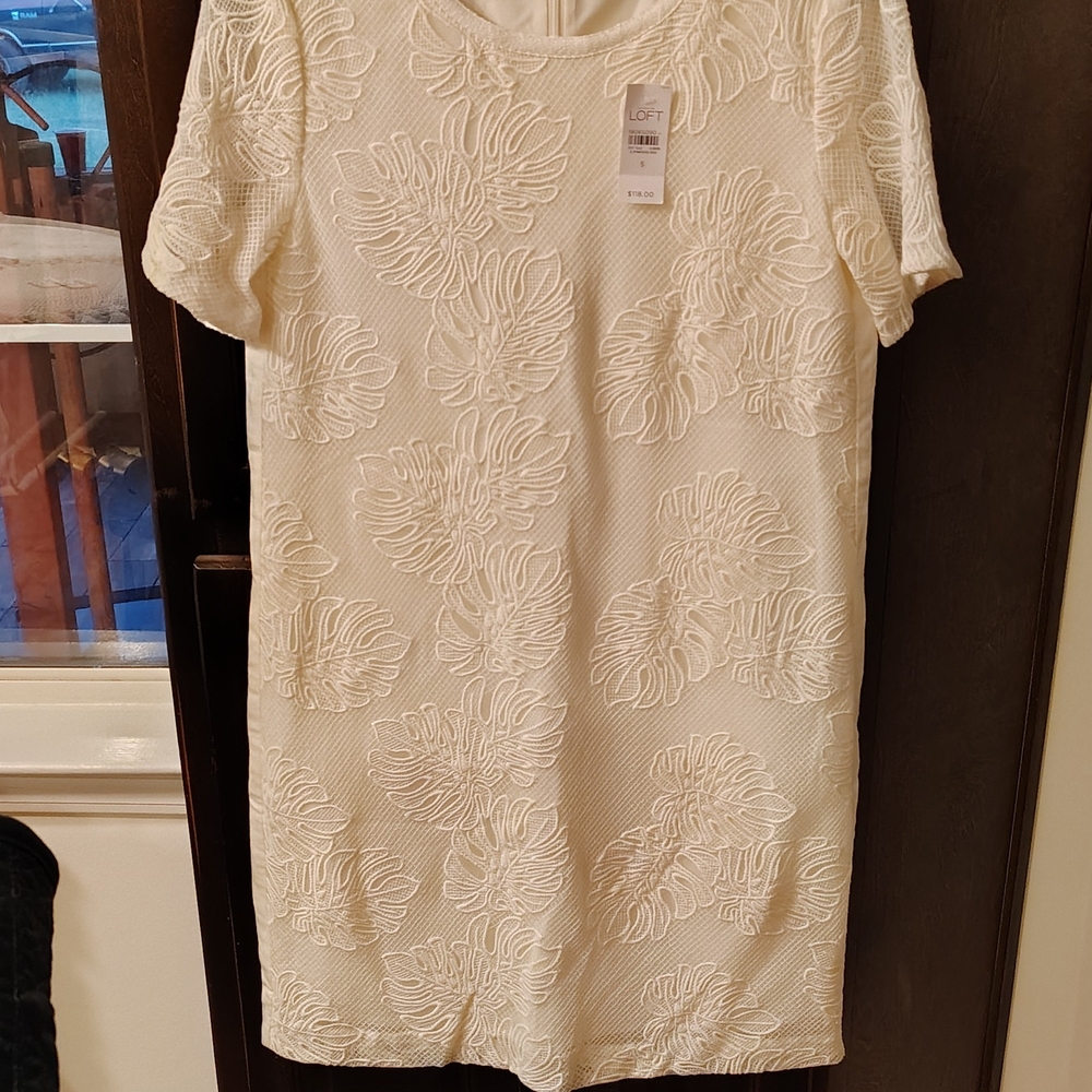 LOFT Cream Embroidered Lace Leaf Design Mini Dress. NWT